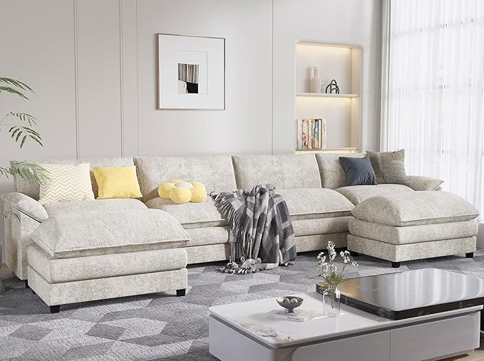 Modern Convertible Sofa U Shaped Couch, Fabric 6 Seat Sofa Set
