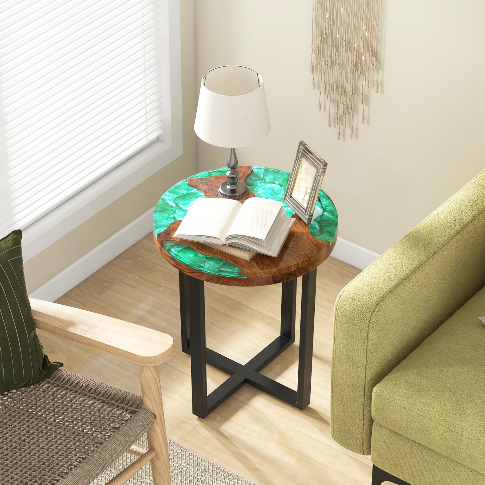 20” Teak Wood Outdoor Side Table - Round End Table with Epoxy Resin Tabletop