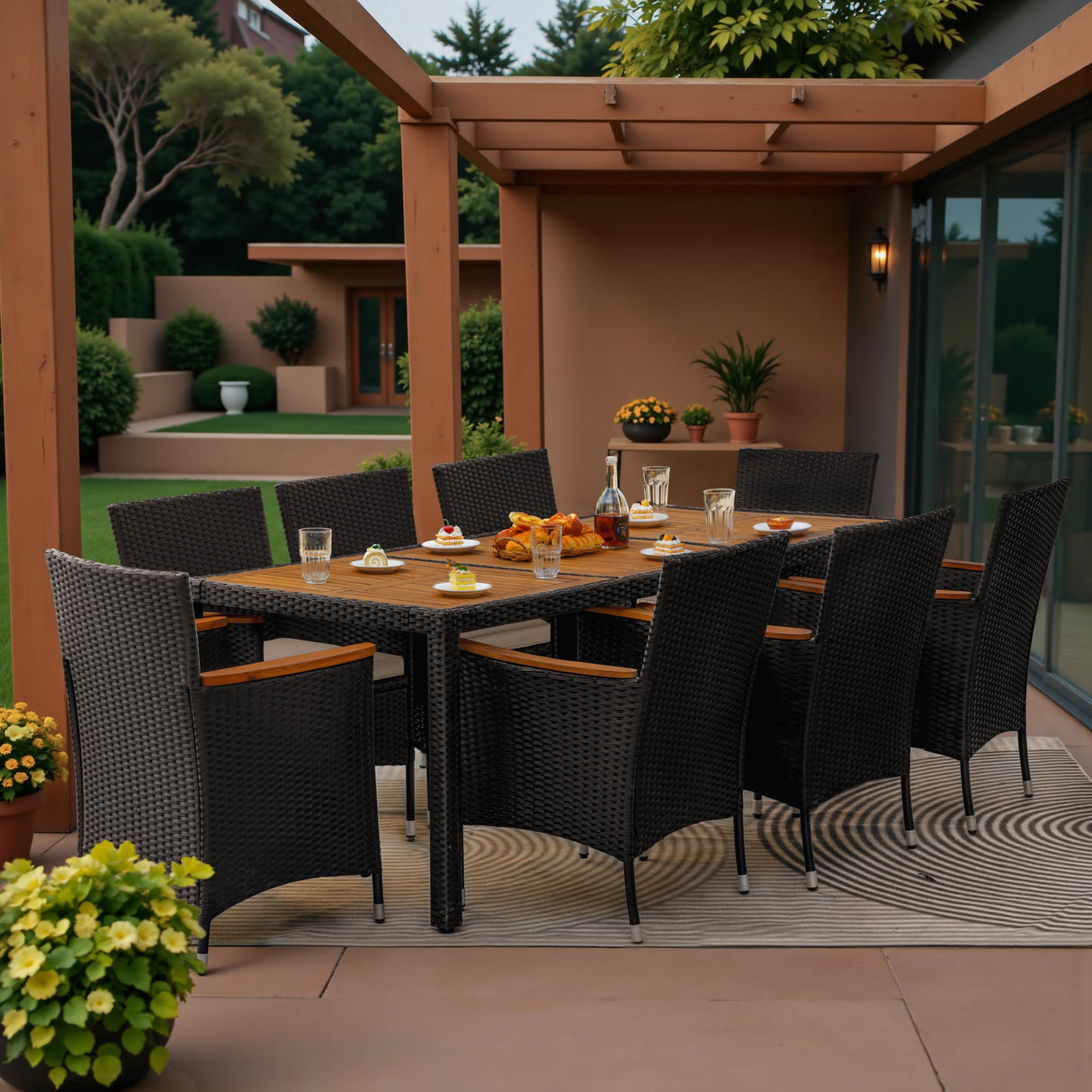 9 Pieces Outdoor Patio Dining Set, Conversation Sets with 1 Table and 8 Rattan Chairs