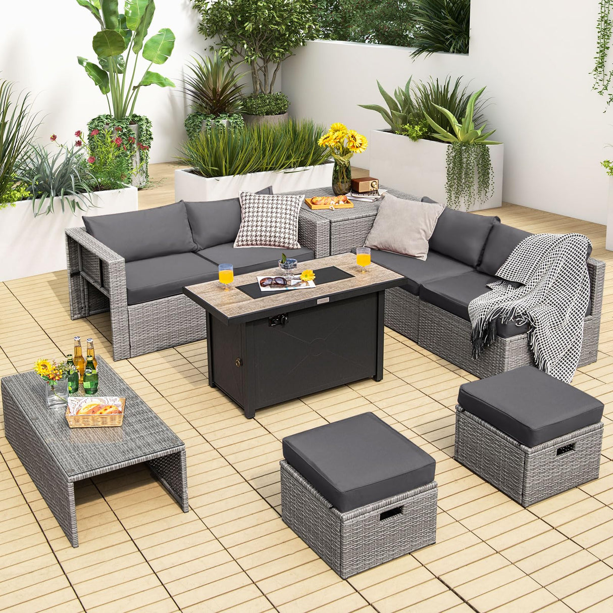 9 PCS Patio Furniture Set with 42” 60,000 BTU Fire Pit