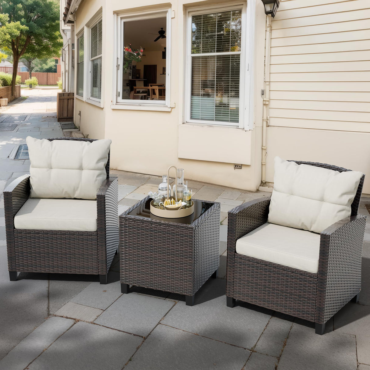 3 Pieces Patio Furniture Set All-Weather Outdoor Wicker Conversation Bistro Set