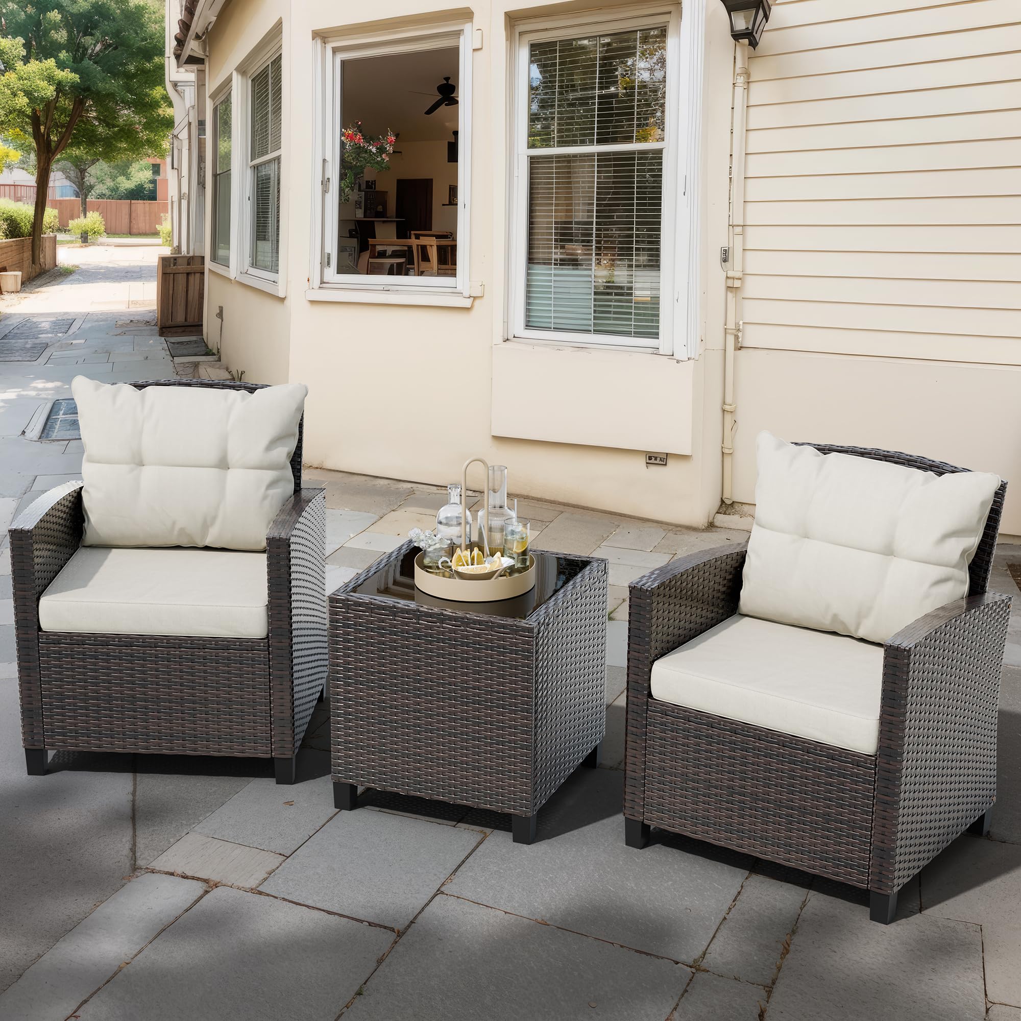 3 Pieces Patio Furniture Set All-Weather Outdoor Wicker Conversation Bistro Set