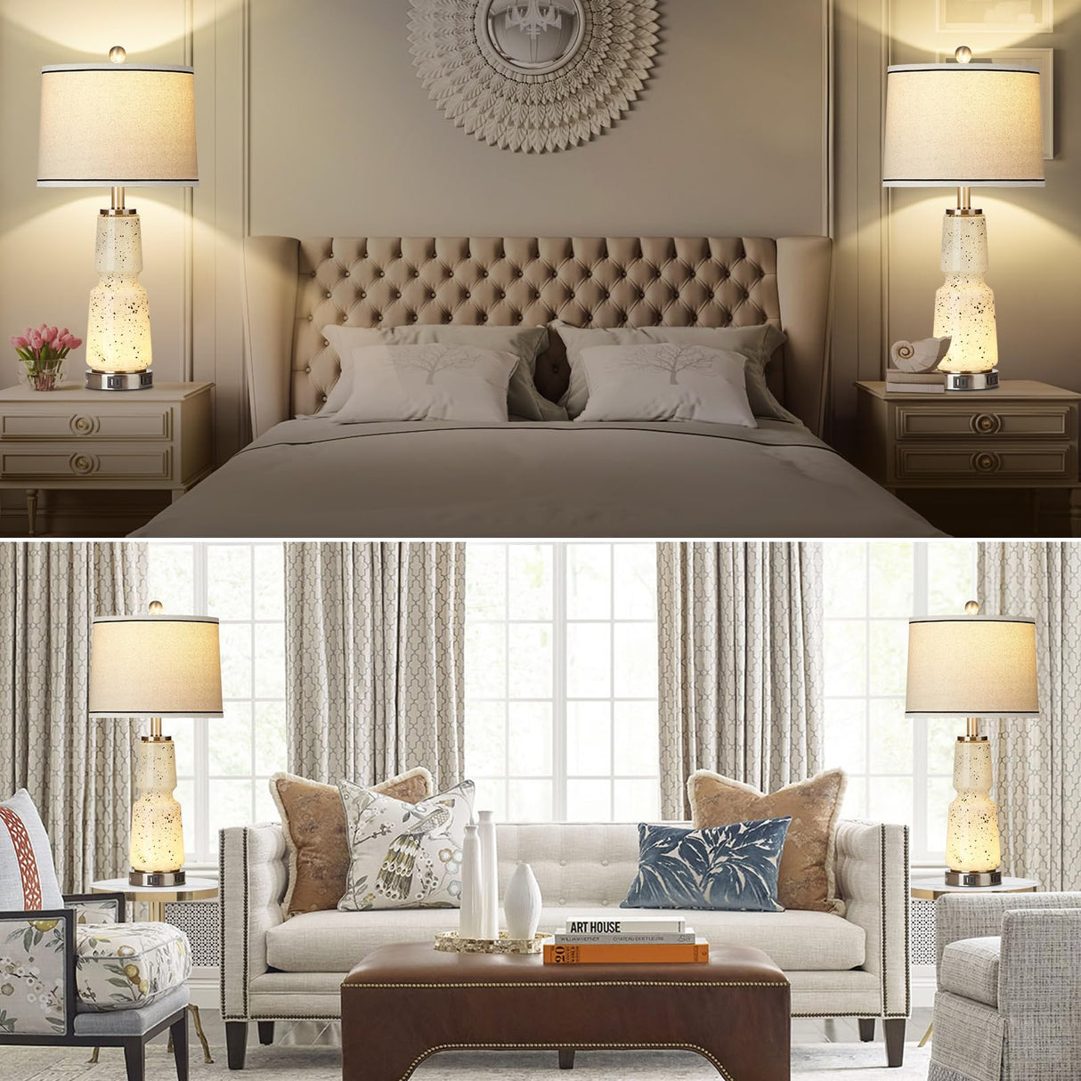 26" Glass Table Lamps Set of 2, Touch Control Modern Bedside Lamps