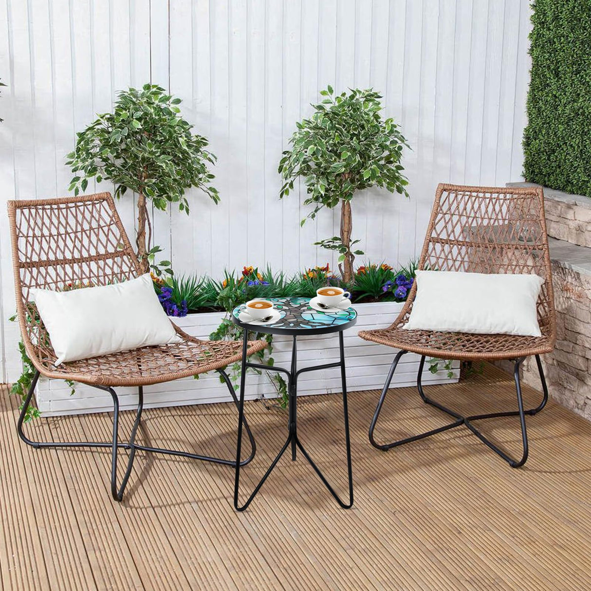 VCUTEKA Patio Side Table Outdoor Accent Table Bistro Coffee Table Plant End Table Small Porch Table Indoor Round Glass Balcony Plant Table Stands Tree 12'' - Bircata