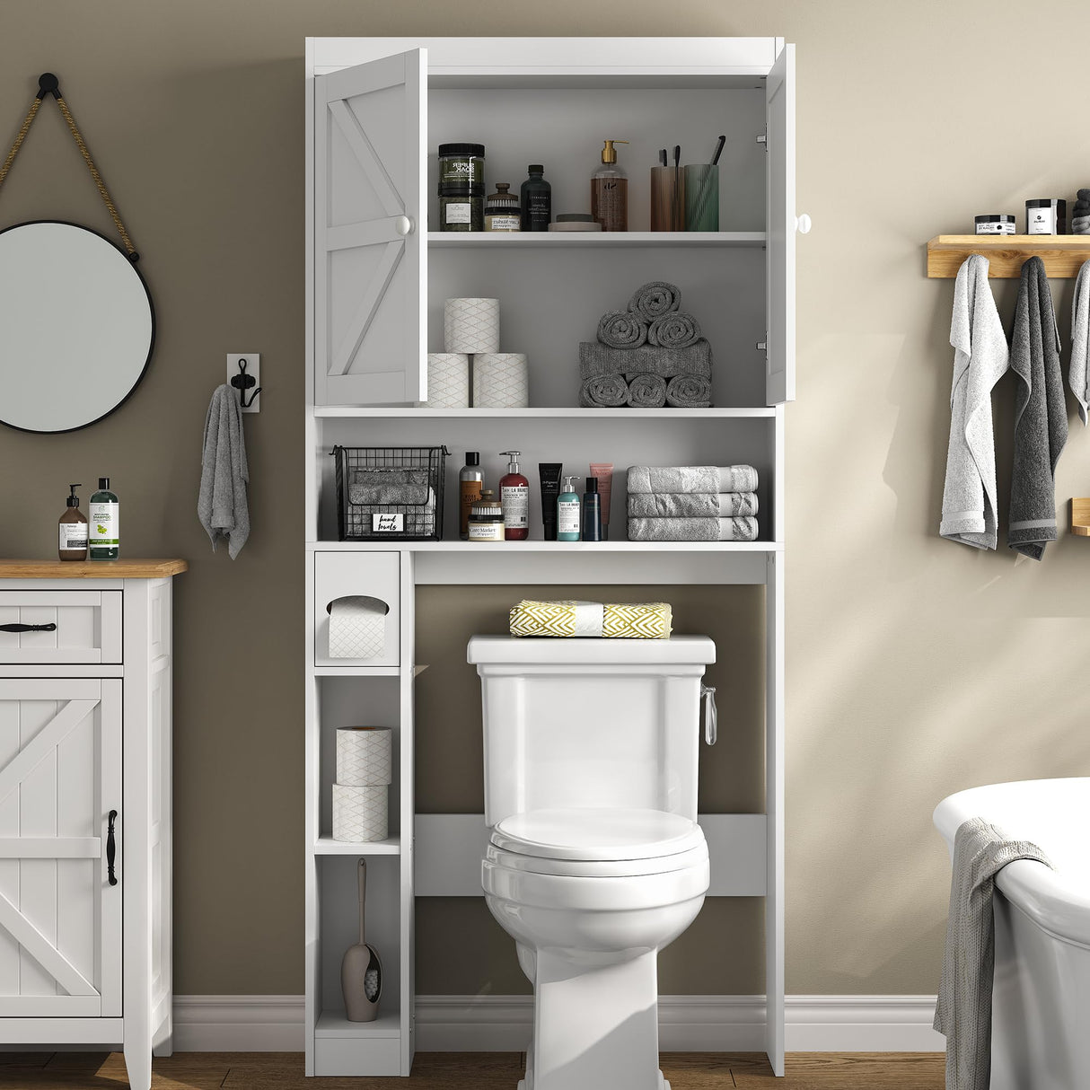 Over The Toilet Storage Cabinet with Barn Doors, 32.3''W Free Standing Toilet Storage