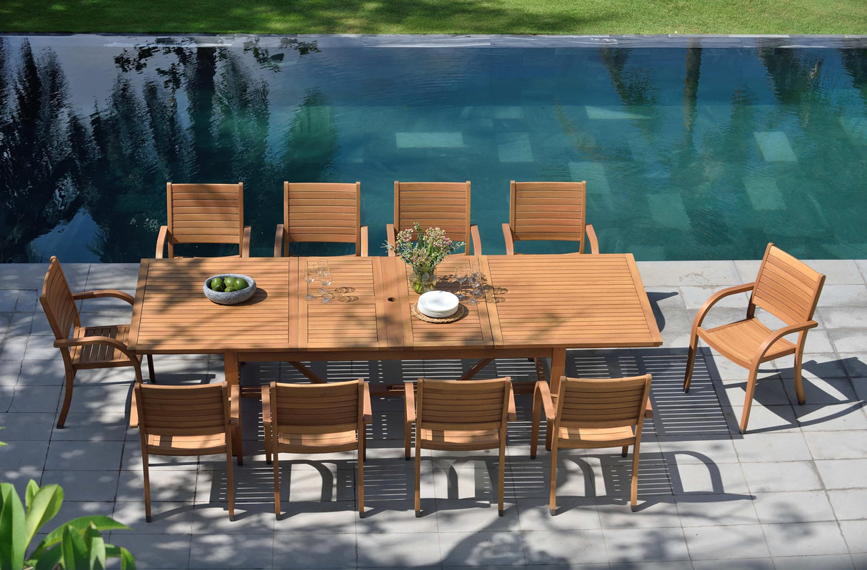 11 Piece Rectangular Patio Dining Set | Teak Finish | Ideal for Outdoors and Indoors