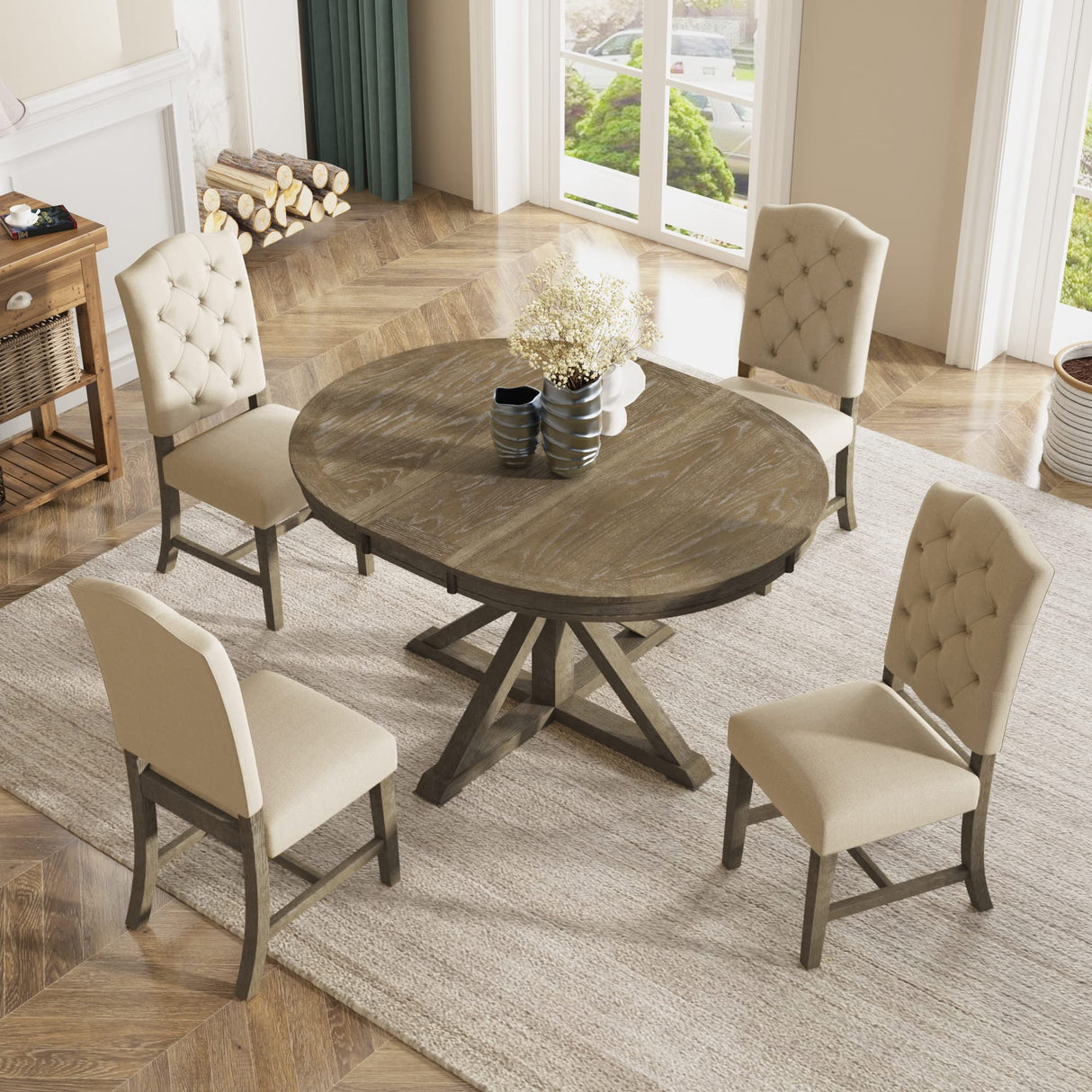 Dining Table Set, Wood Round Dining Table Set with Extendable Table and 4 Upholstered