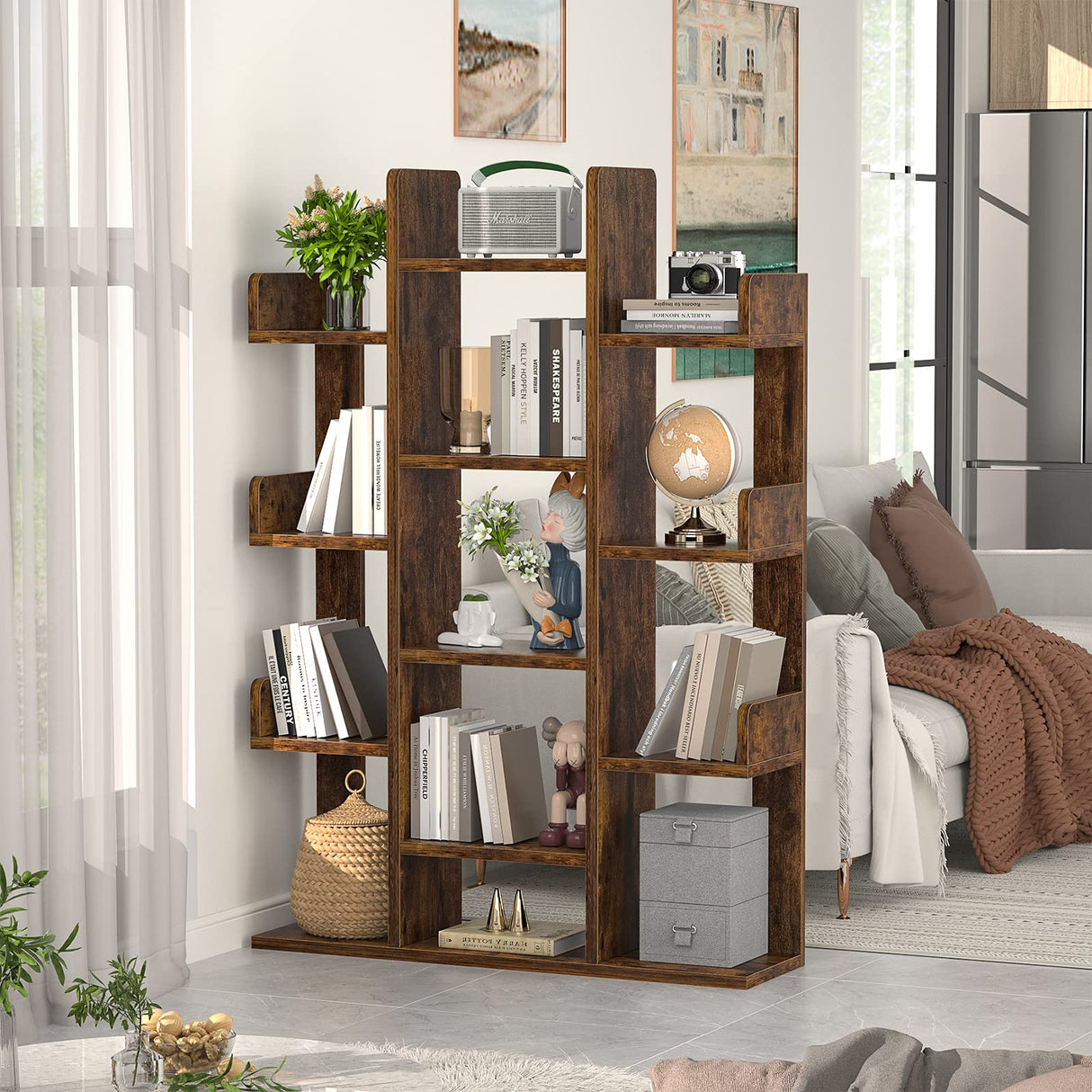 Bookshelf, Tree-Shaped Bookcase Storage Shelf with 13 compartments, Books Organizer Display Cube Shelves, Industrial Free Floor Standing Wood Open Bookshelves for Home
