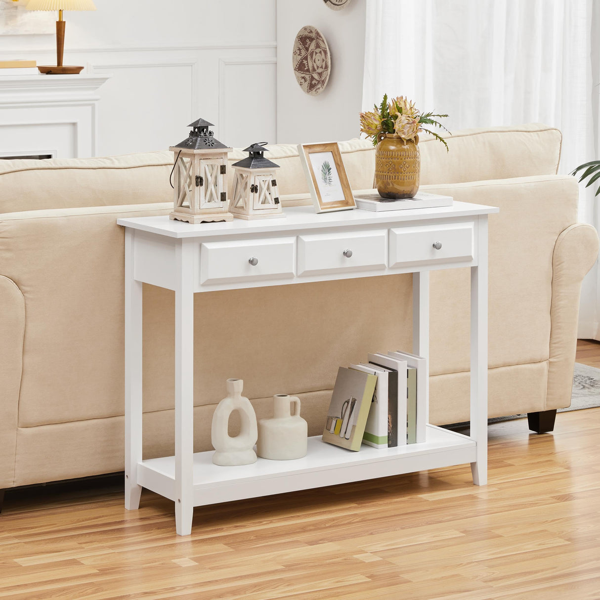 Console Table with 3 Drawers, 42" Entryway Table with Storage Shelves