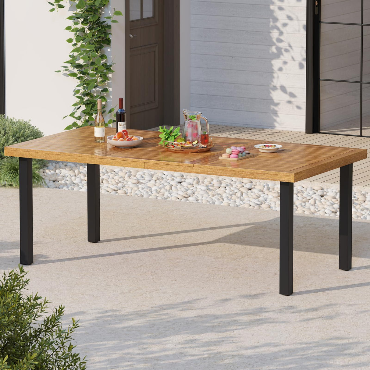Patio Dining Table for 8, 79" Large Rectangle Table with Acacia Wood Tabletop & Heavy