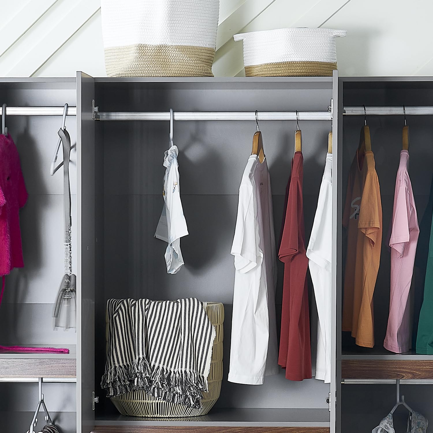 4-Door Armoire Wardrobe Closet, Wooden 3 Drawers Gray Closet Armoire Dresser