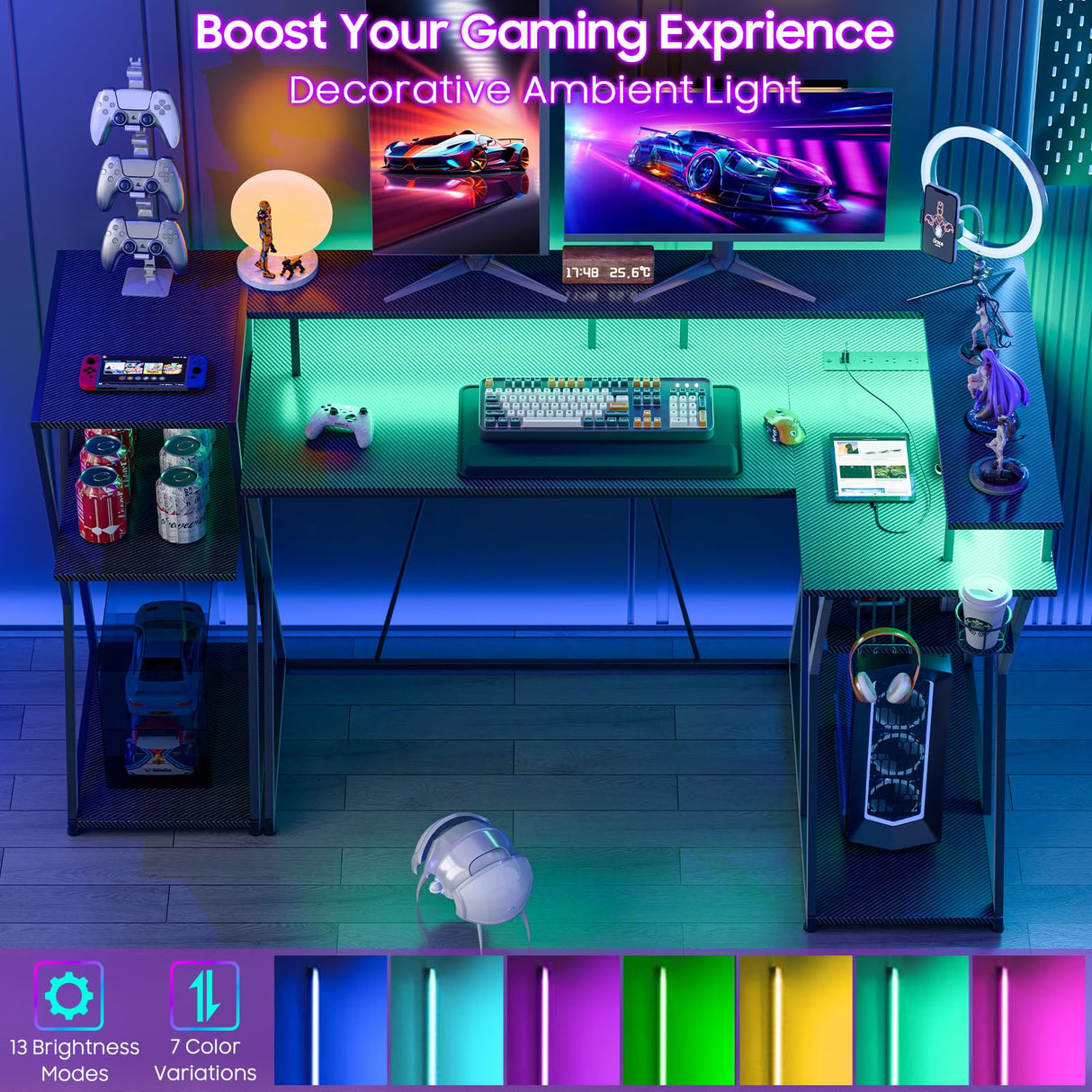 47 inch Gaming Desk with LED Lights & Power Outlets, Corner Computer Desk