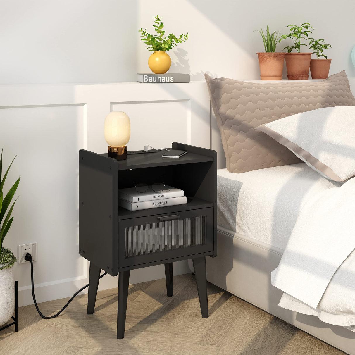 Nightstand with Charging Station, Bedside Tables, End Table Side Table