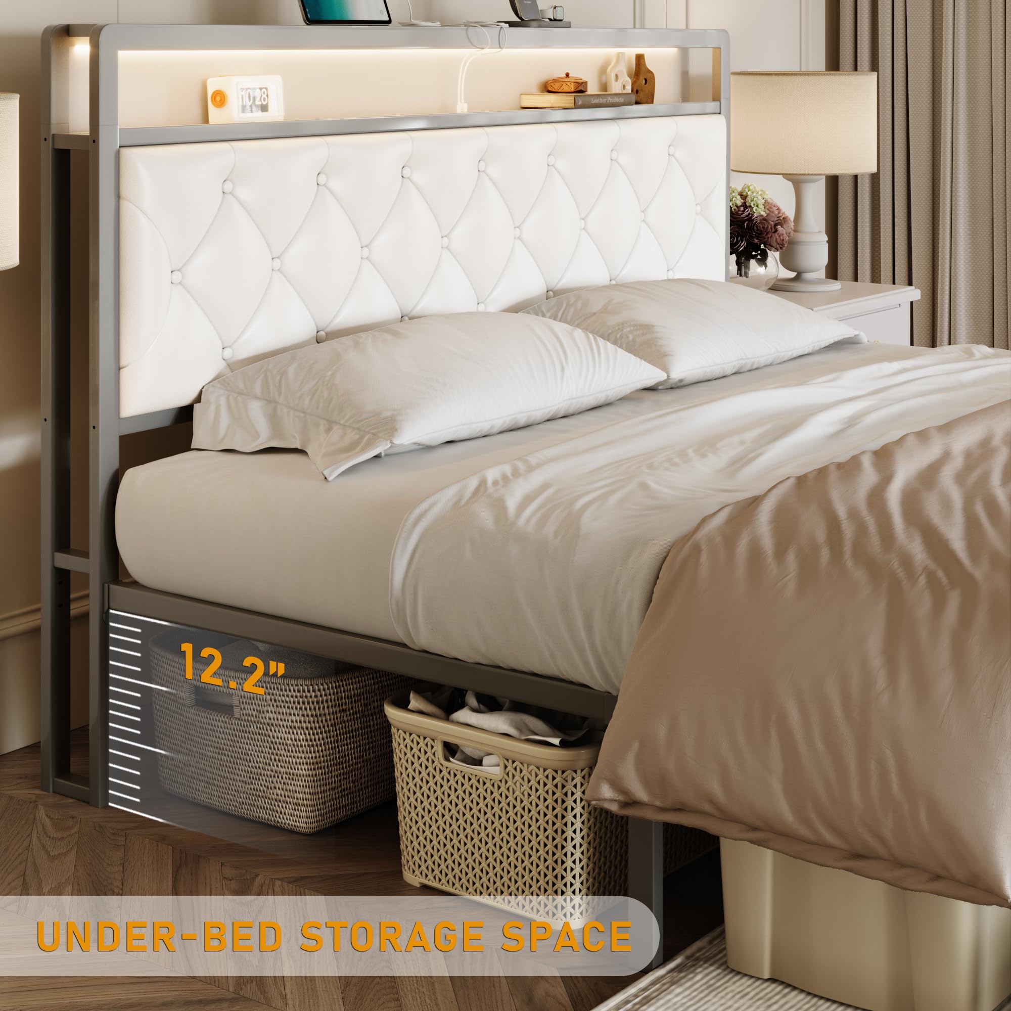 LuxoraGlow Upholstered Bed Frame with LED Headboard, Storage Drawers & USB Charging
