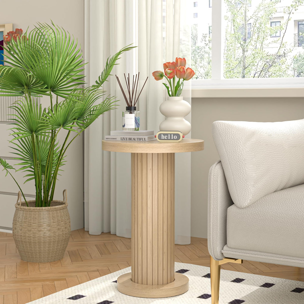 Small Round Pedestal Side Table, Fluted Pedestal End Table, Drink Tables for Small Spaces