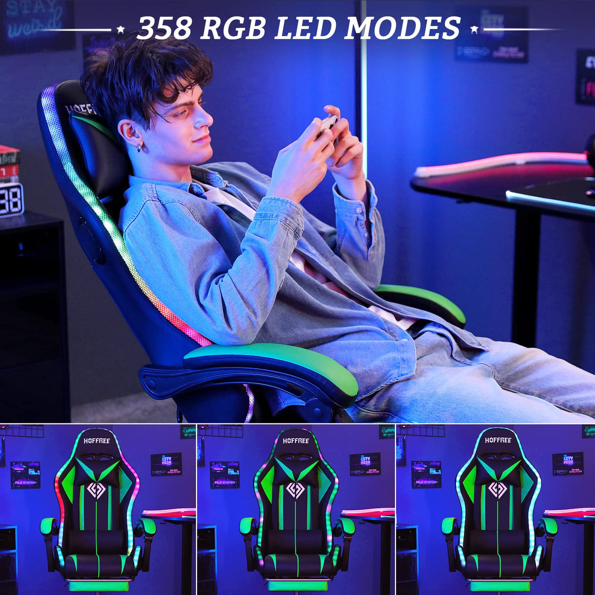 Ergonomic Gaming Chair with Massage, Bluetooth Speakers & LED Lights