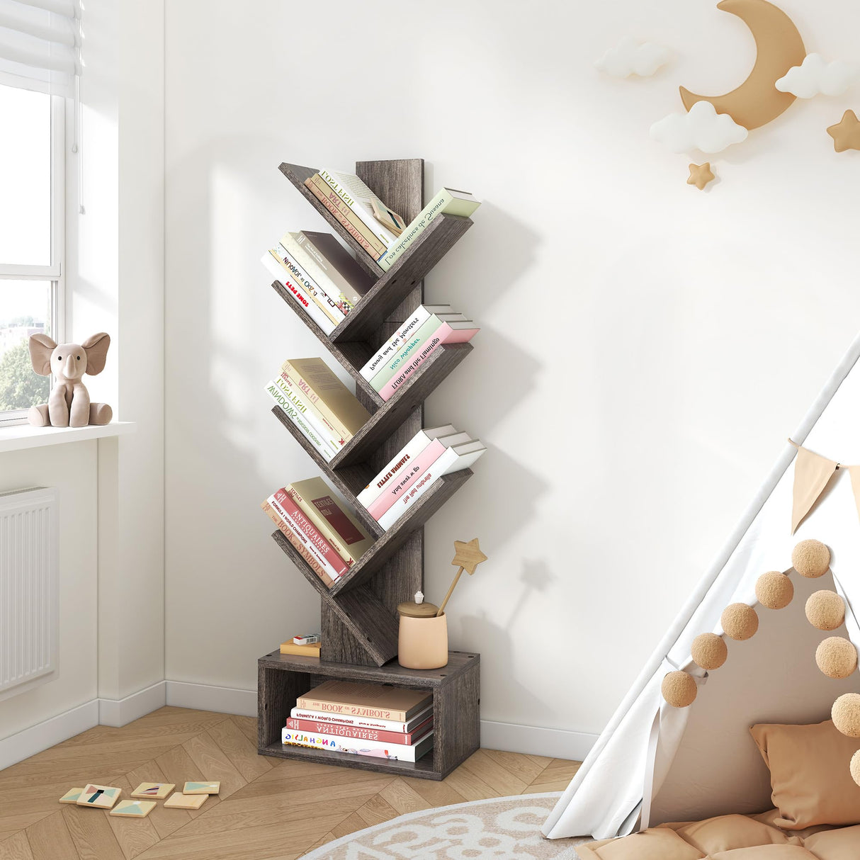 6 Tier Tree Bookshelf, Tall Bookcase with Drawer, Freestanding Book Shelf