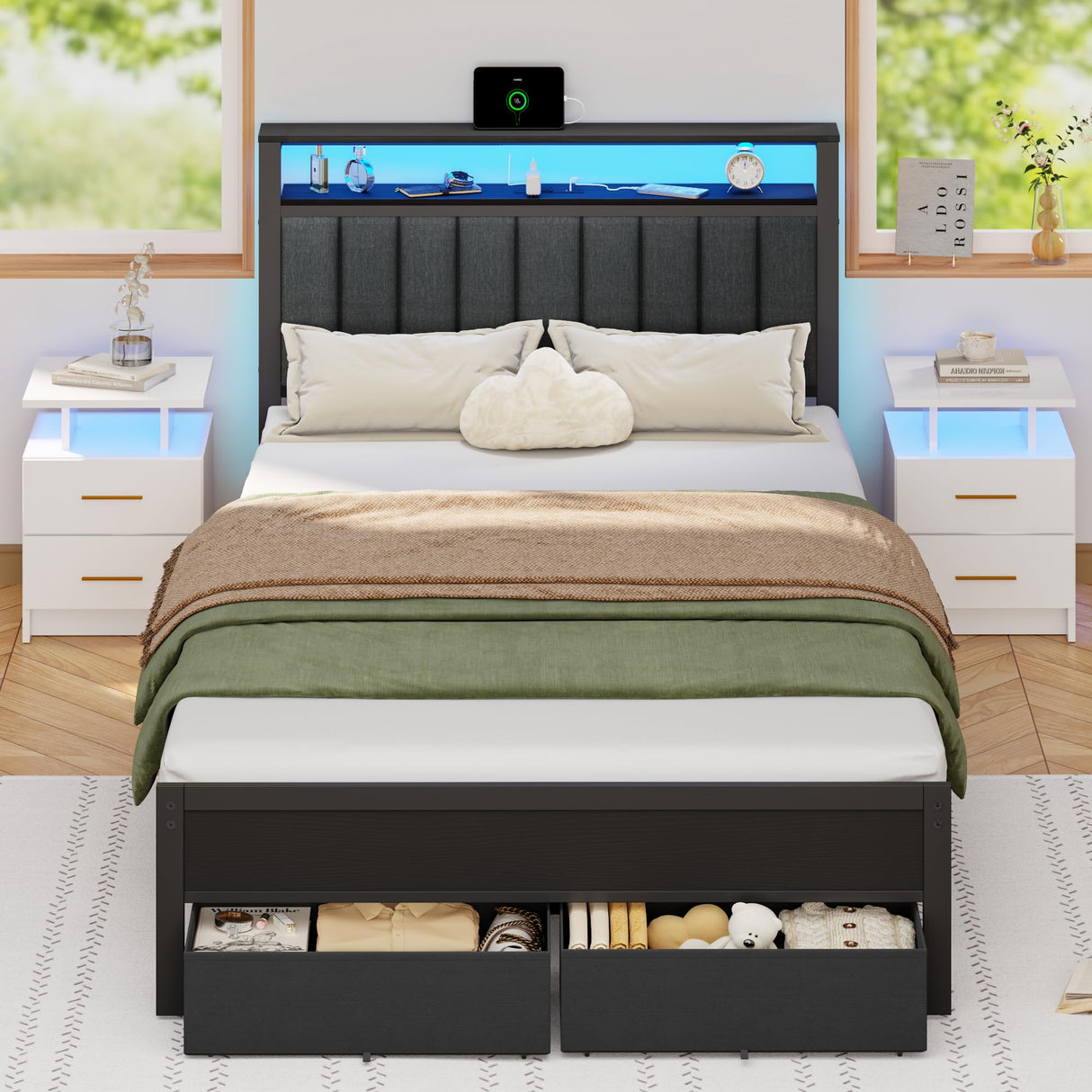 Full Size Bed Frame with Charging Station and LED Lights