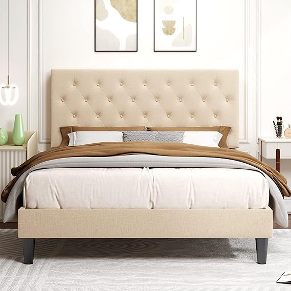 King Bed Frame with Adjustable Headboard/Diamond Stitched Button