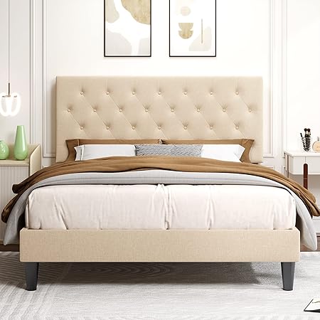 King Bed Frame with Adjustable Diamond Stitched Button Tufted Headboard
