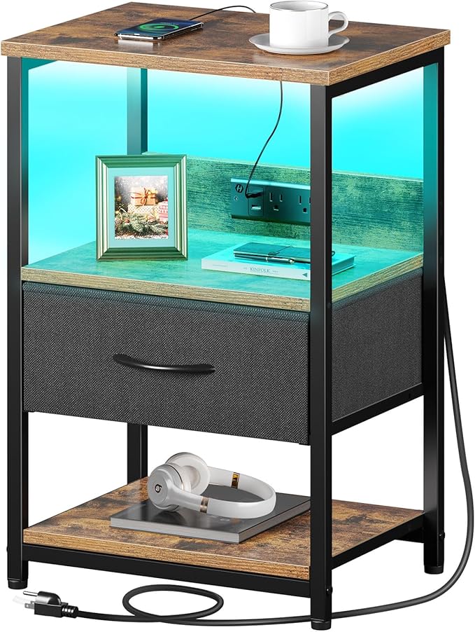 Nightstand with Charging Station, LED Bedside Table with Adjustable Fabric Drawer