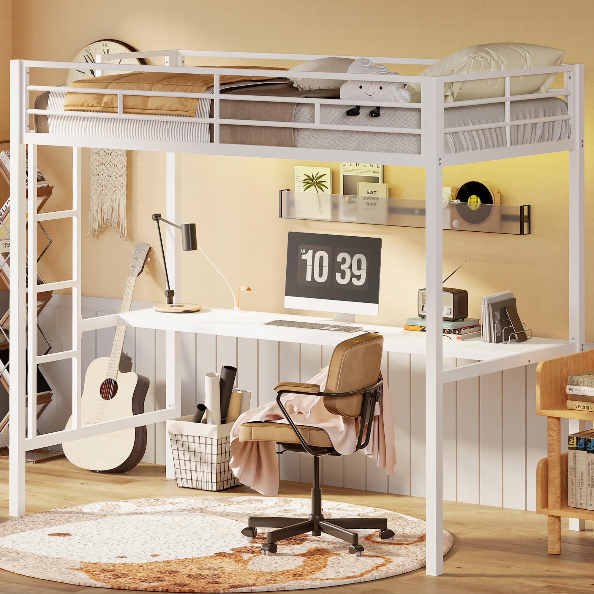 Loft Bed Twin Size with Desk, Metal Loft Bed Frame