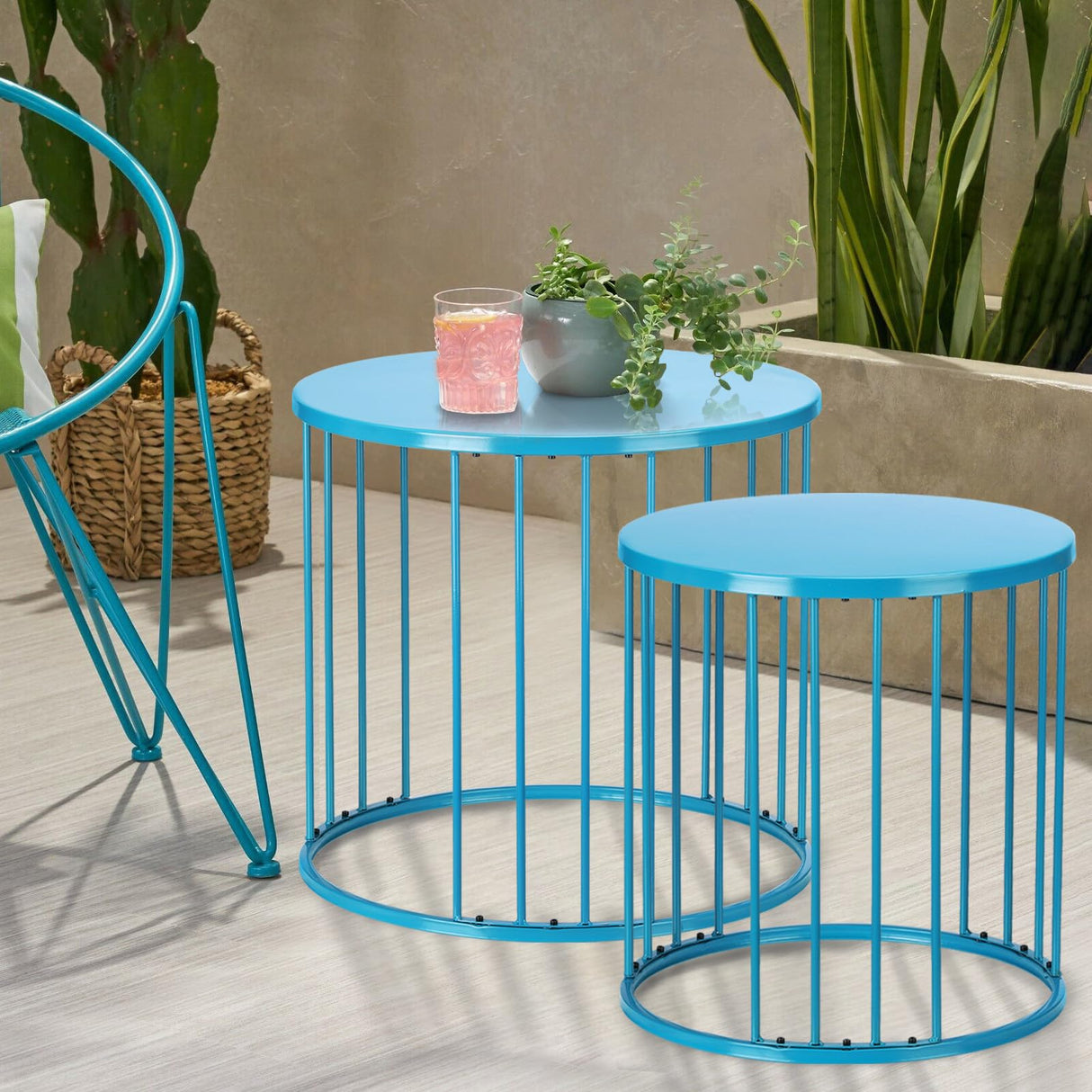 LEWIS&WAYNE Outdoor Side Table Set of 2, Metal Circle Accent End Tables for Balcony Backyard Garden Indoor Living Room, Durable Black Nesting Coffee Tables, 20”+16” Dia - Bircata