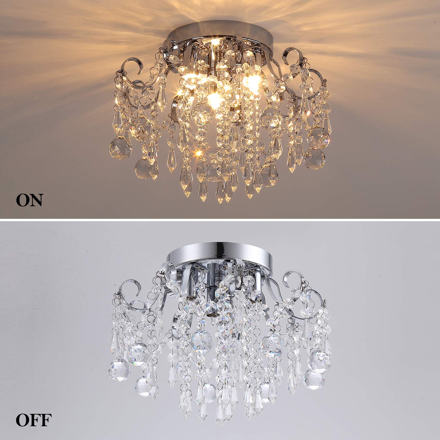 Small Crystal Chandelier Flush Mount Ceiling Light 3 Lights Modern Chrome Iron Raindrop