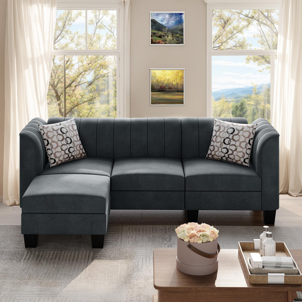 Upgraded Convertible Sectional Sofa Couch, 3 Seat L Shaped Sofa with High Armrest Linen Fabric Small