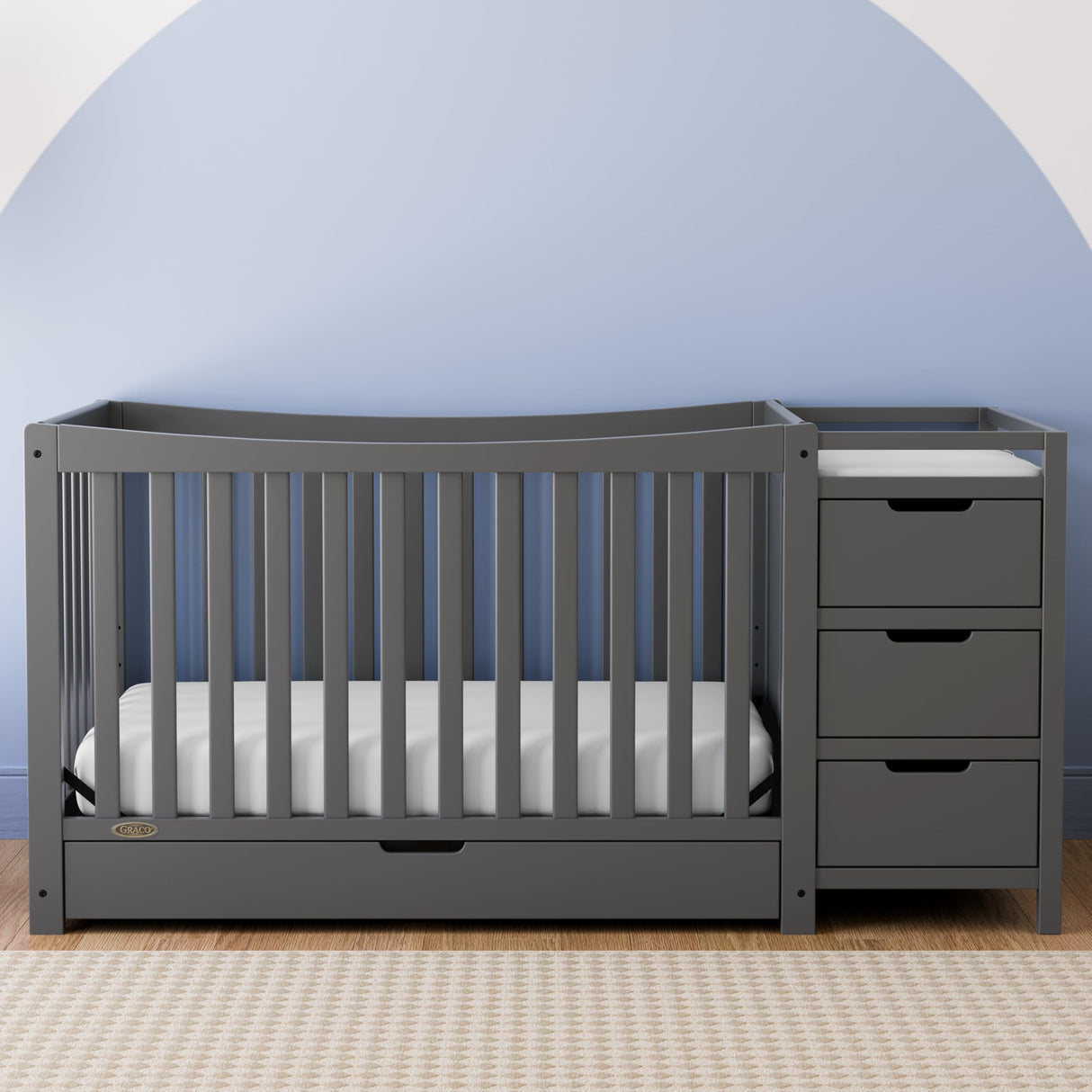 4-in-1 Convertible Crib & Changer with Drawer (Gray) – GREENGUARD Gold Certified, Crib and Changing -Table Combo, Includes Changing Pad, Converts to Toddler Bed, Daybed and Full-Size Bed