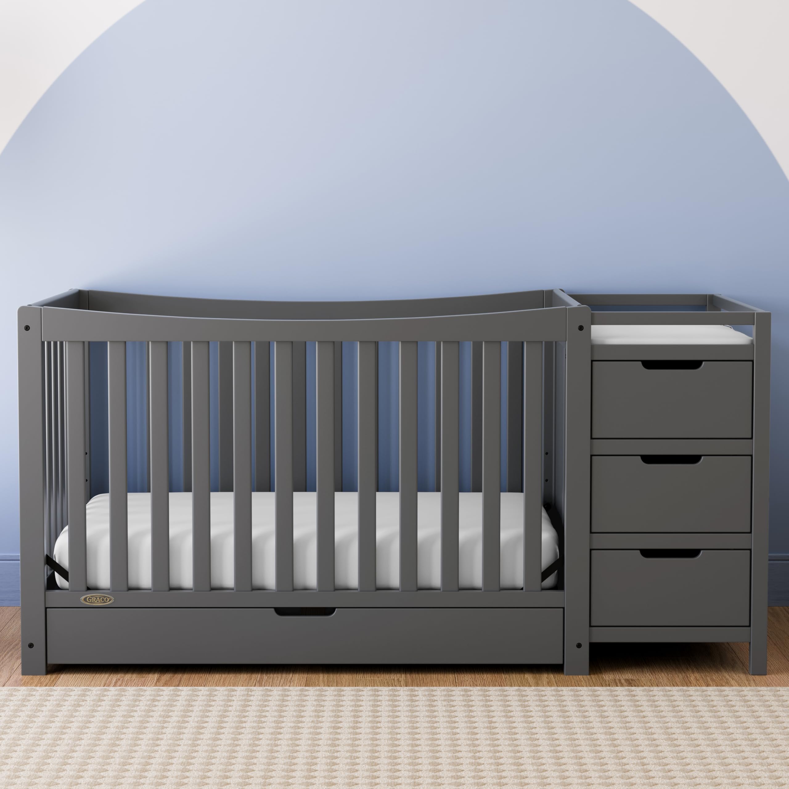 4-in-1 Convertible Crib & Changer with Drawer (Gray) – GREENGUARD Gold Certified, Crib and Changing -Table Combo, Includes Changing Pad, Converts to Toddler Bed, Daybed and Full-Size Bed