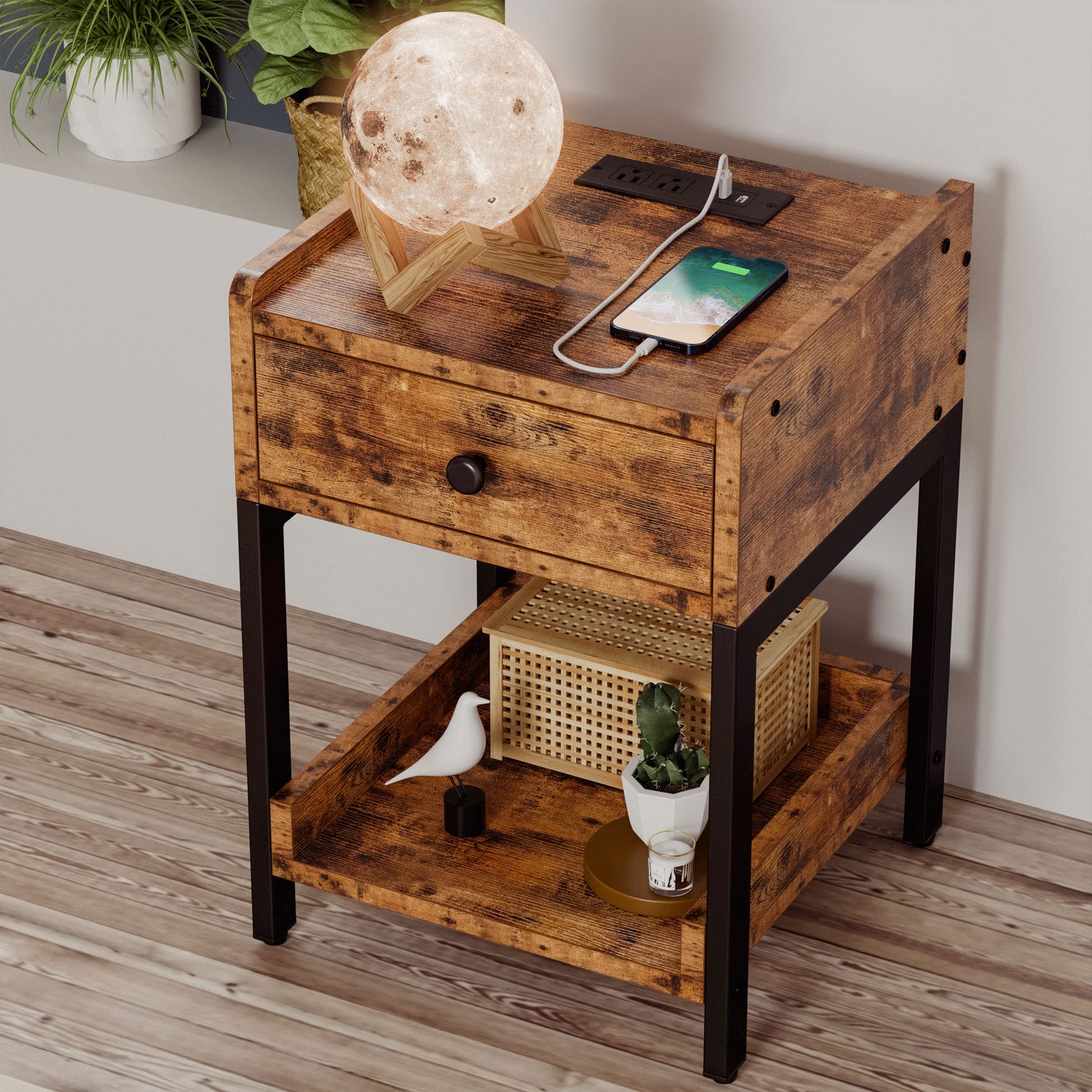 Nightstand, Bedside Table with Charging Station, Small End Table with Storage Drawer