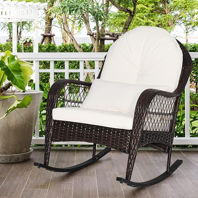 Outdoor Wicker Rocking Chair, All- Weather Rattan Armchair w/Heavy-Duty Steel Frame, Patio Glider Rocker Chair w/Thick Cushions & Lumbar Pillow for Poolside, Garden, Porch, Backyard