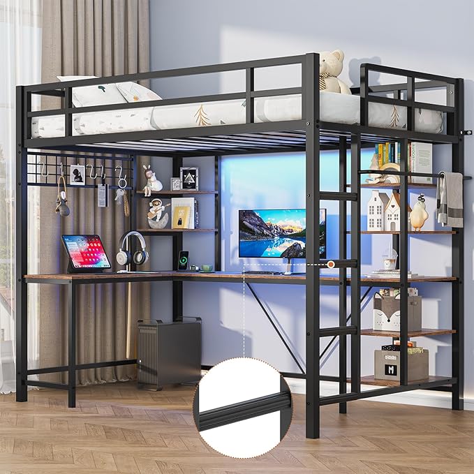 Bed Twin Size with L Shaped Desk, LED Lights, Charging Station, Heavy Duty Metal Loft Bed Frame with 6 Storage Shelves, Safety Guard & Ladder, No Box Spring Needed, No Noise, White