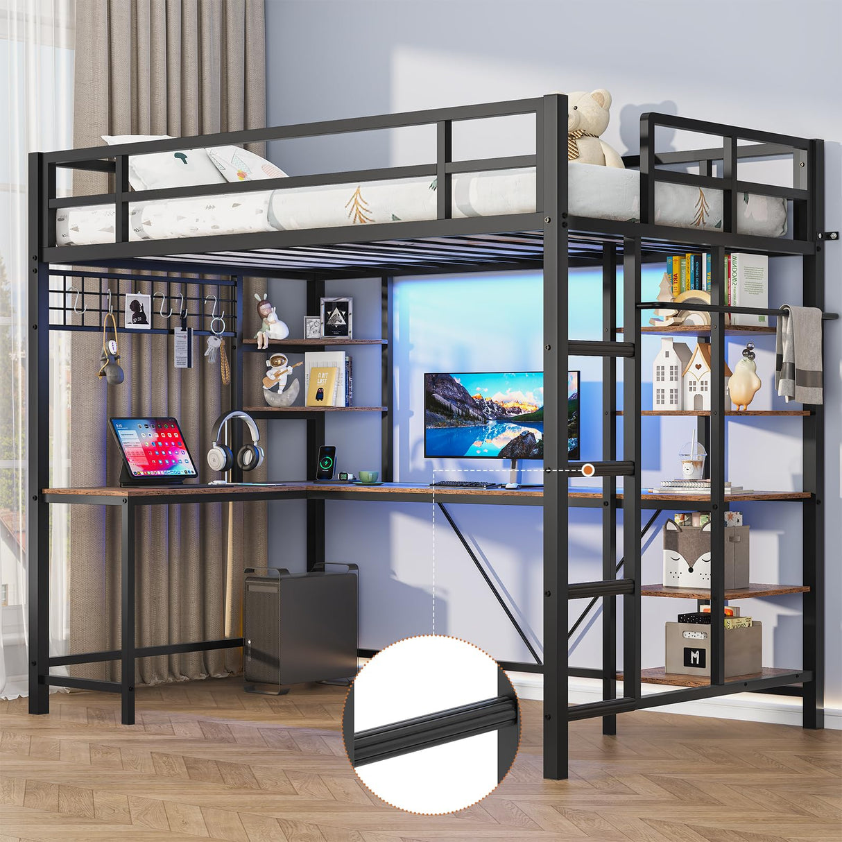 Loft Bed Twin Size with L Shaped Desk, LED Lights, Charging Station