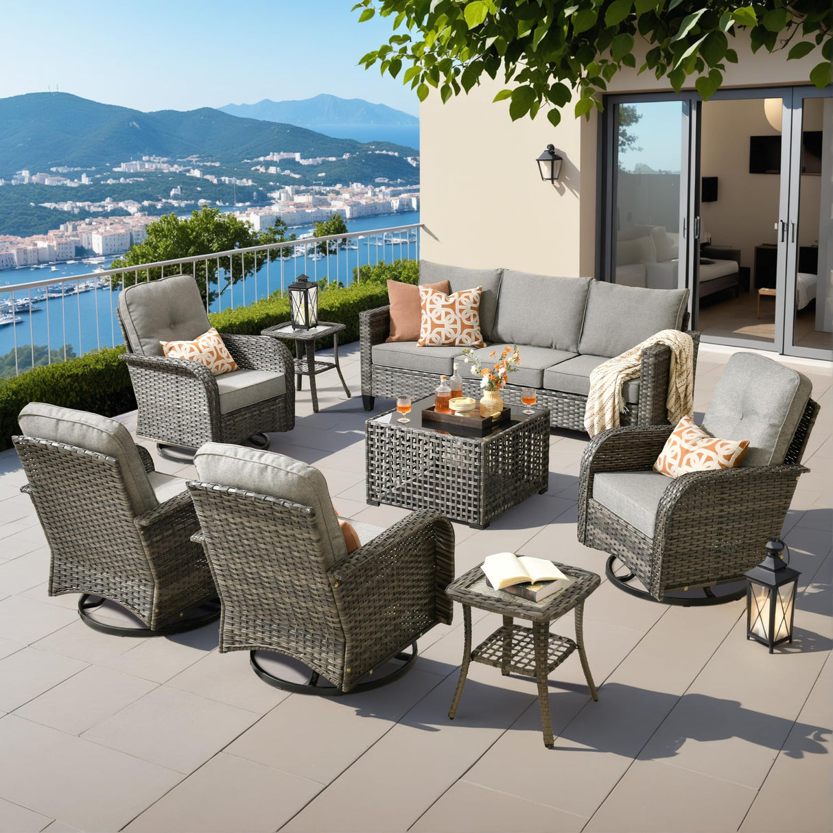 8 Pieces Patio Furniture Set Outdoor Wicker Conversation Sets with Swivel Rocking Chair