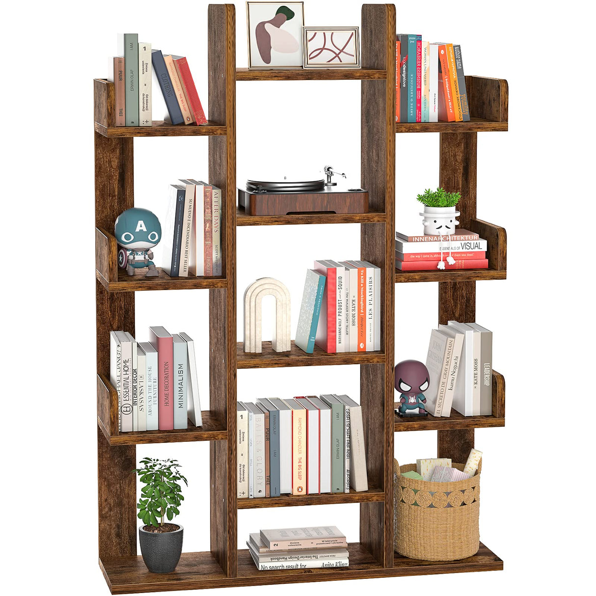 Bookshelf, Tree-Shaped Bookcase Storage Shelf with 13 compartments, Books Organizer Display Cube Shelves, Industrial Free Floor Standing Wood Open Bookshelves for Home