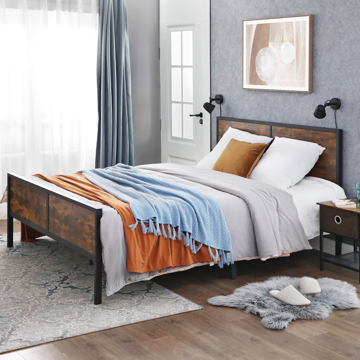 Queen Size Metal Bed Frame with Headboard, Footboard, No Box Spring Needed