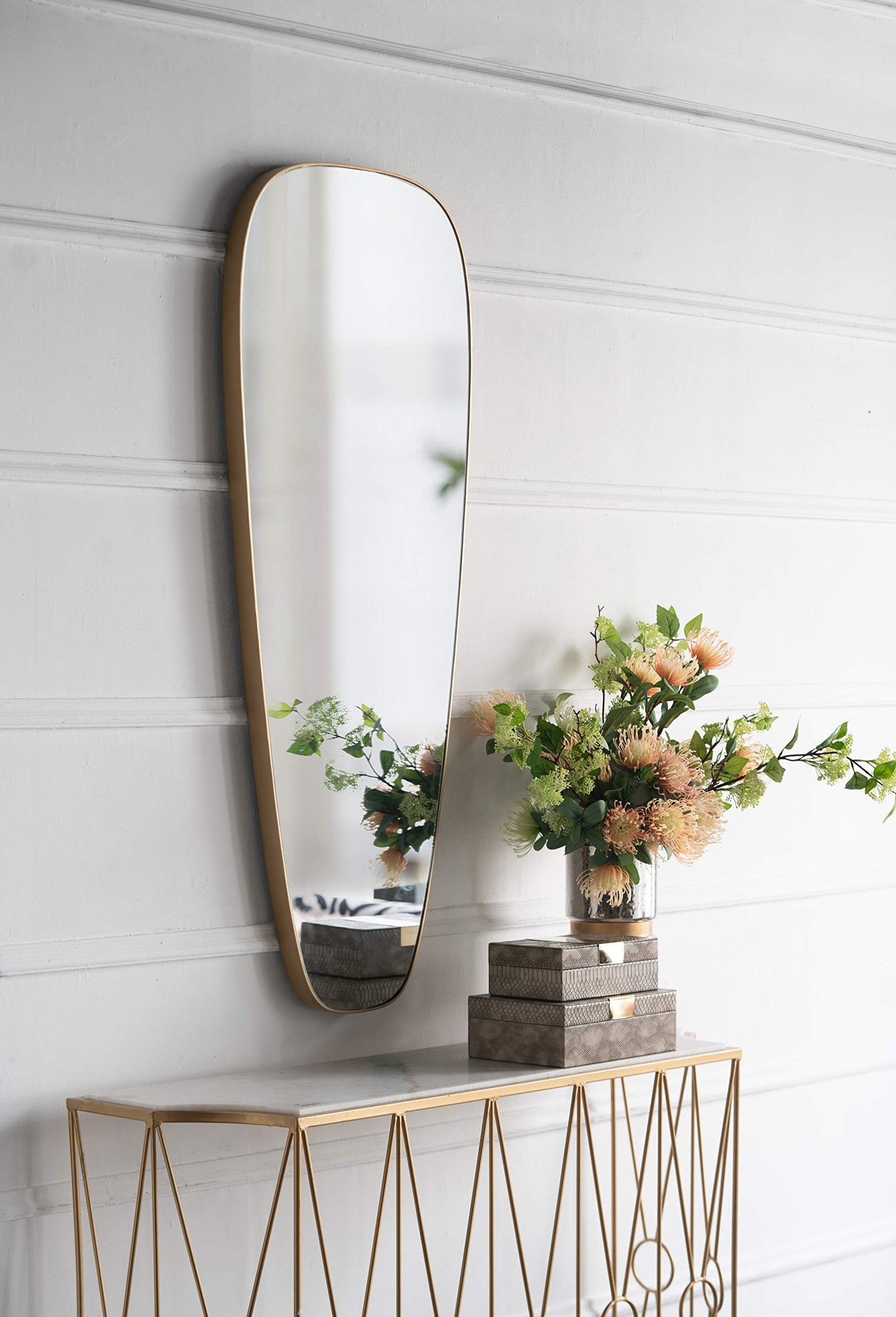 Wall Decor Teardrop Shaped Mirror Gold Metal Trim Mounting Hardware