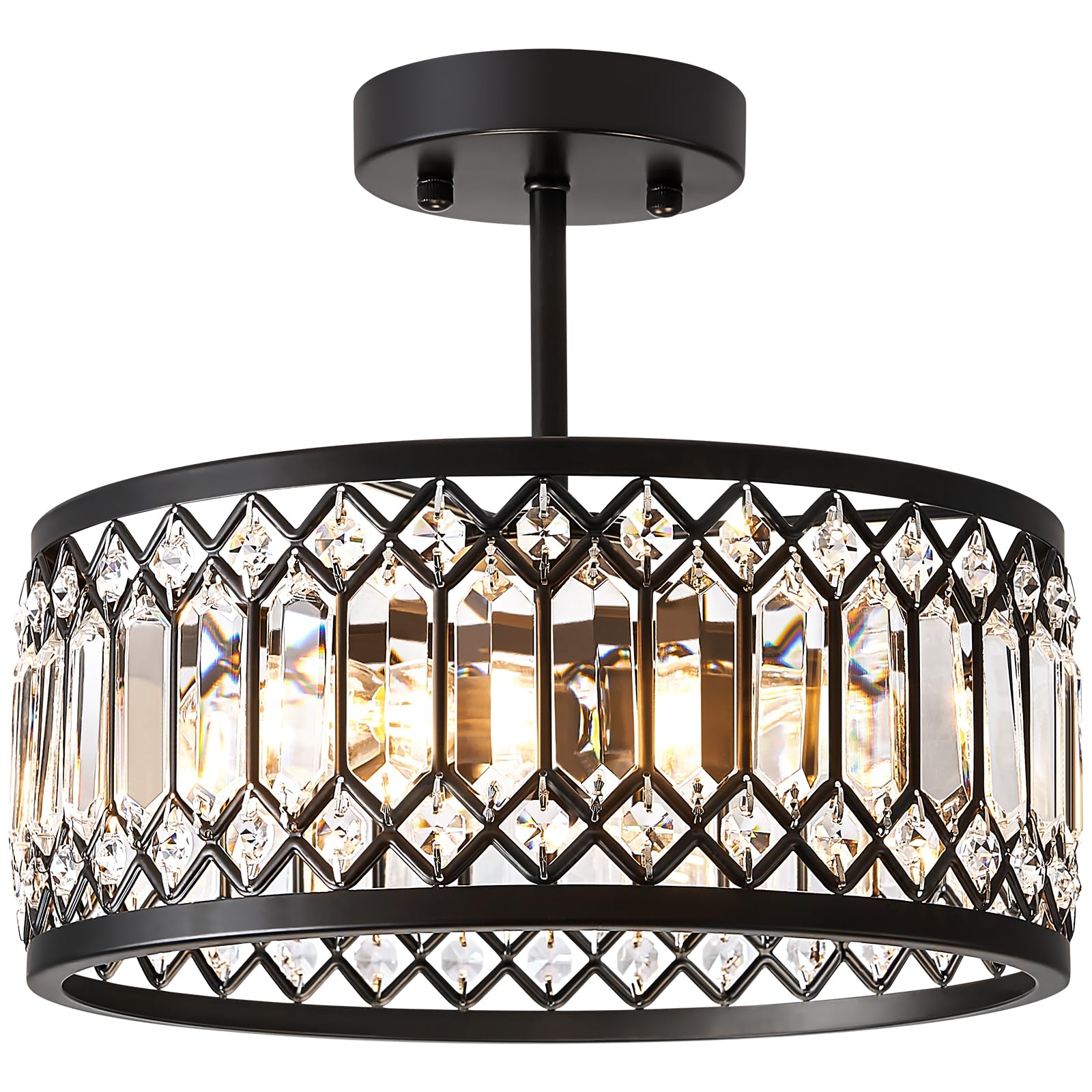 Pevfah Crystal Black Ceiling Light, Modern Semi Flush Mount Ceiling Lighting Fixture, Round Hallway Lighting Fixtures Chandelier for Kitchen Entryway Bedroom Dining Room, 3-Light, 12.2 Inch