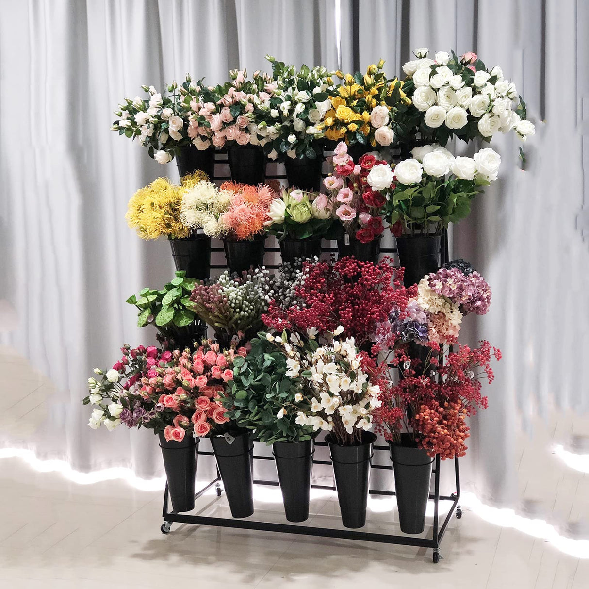 3-Tier Metal Flower Display Stand with Buckets