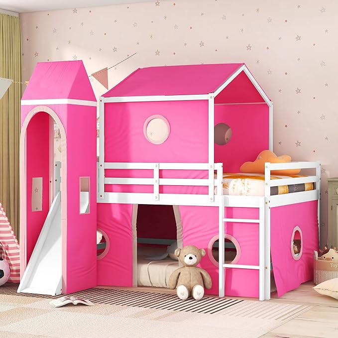 Twin House Bunk Bed, Kids Playhouse Bed, Solid Wood bunk Bed Frame with Slide Pink