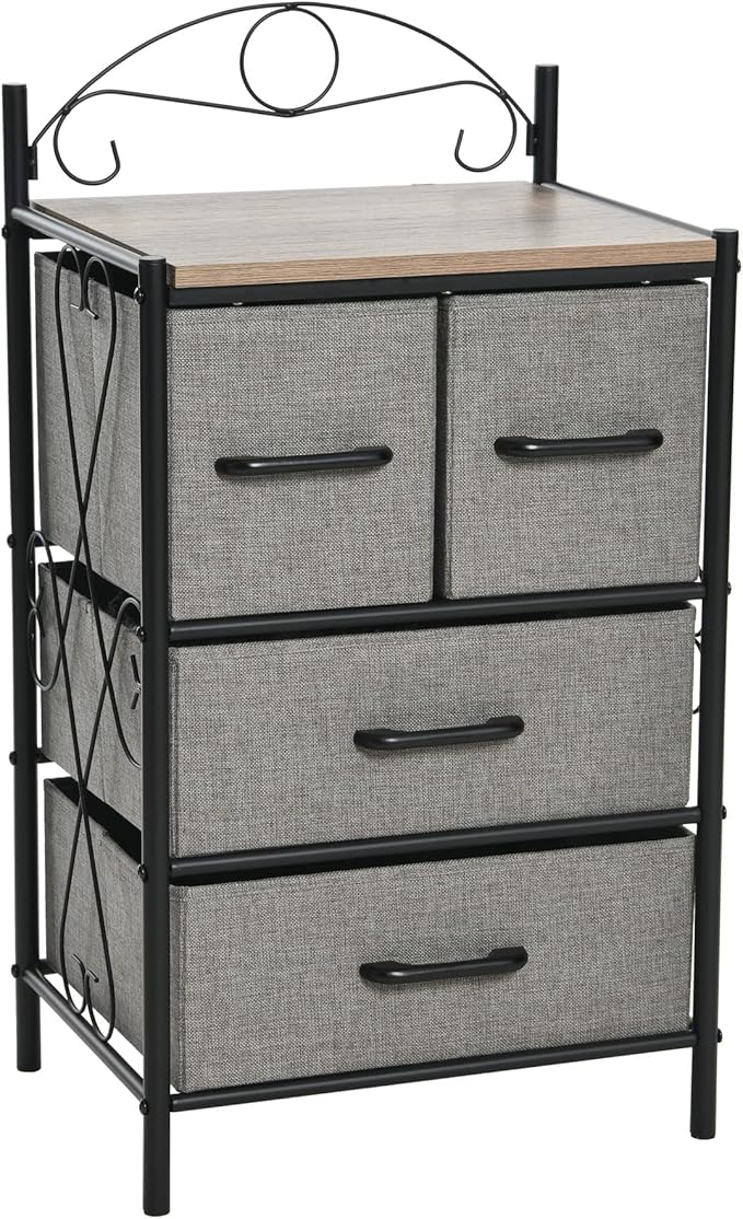 Victoria Dresser Nightstand Storage Organizer with 4 Brown Drawers Black Metal Frame and Mid Century