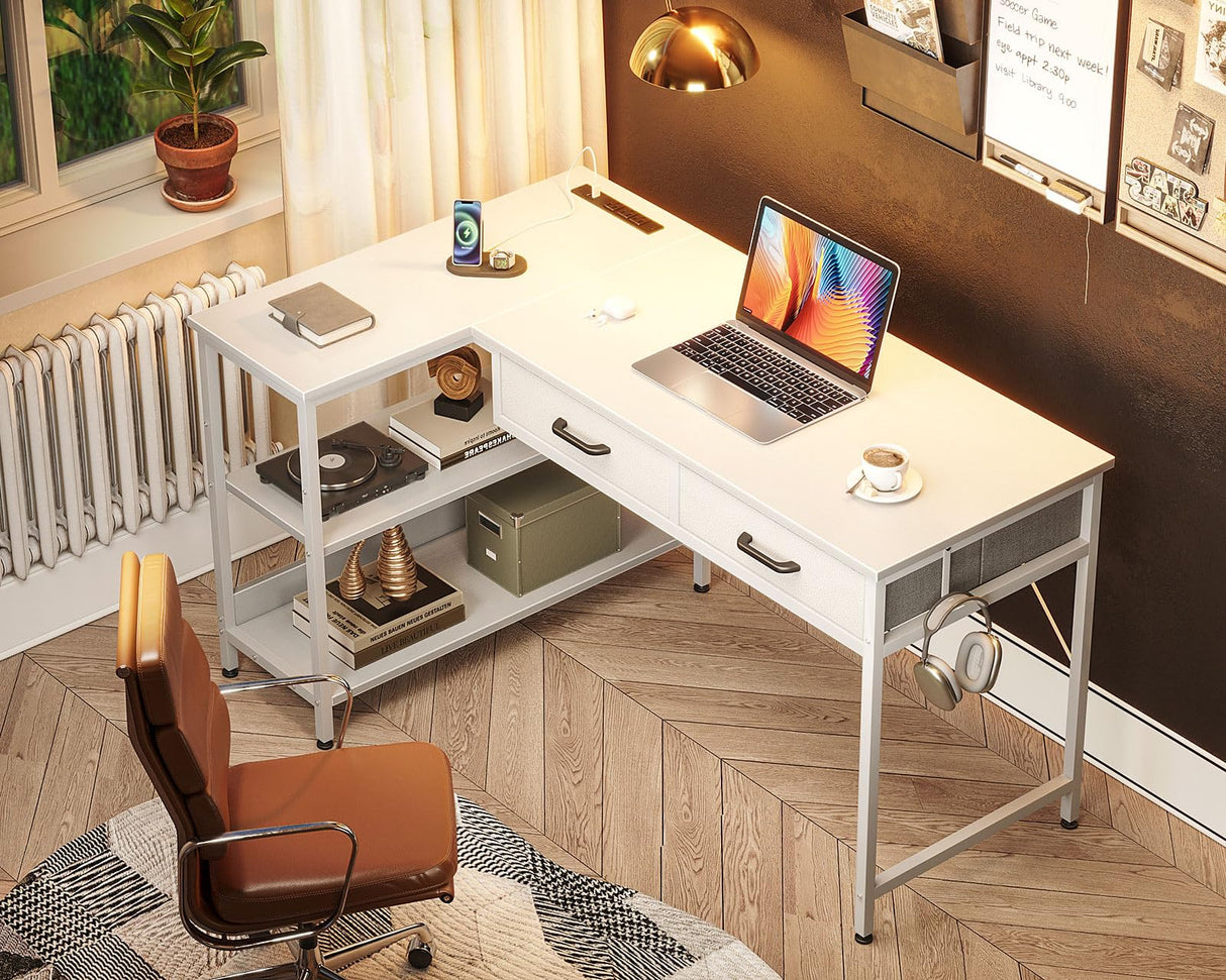 40 Inch L Shaped Desk with 2 Drawers, Computer Desk with USB Ports, Office Desk with Storage Shelves, Corner Desk Home Office Desks, Small Desk for Bedroom, White