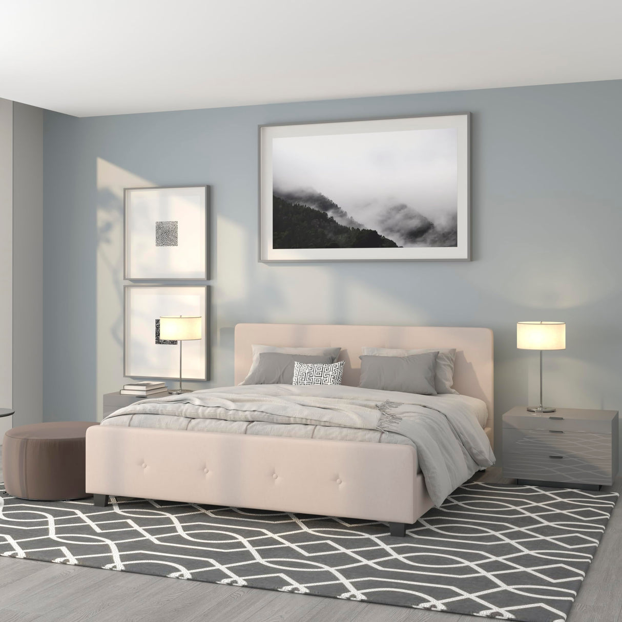 Tribeca King Size Tufted Upholstered Platform Bed in Beige Fabric