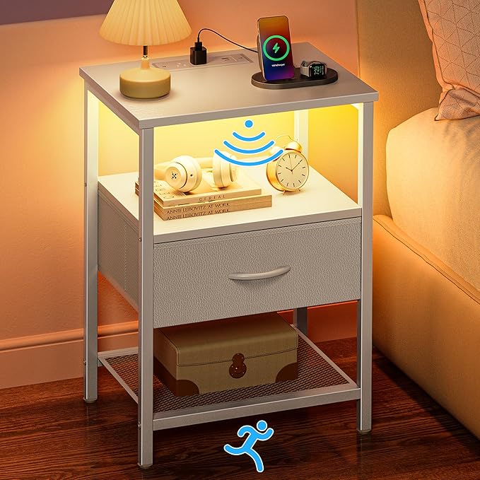 LED Nightstand with Motion Sensor Light and Charging Station, Night Stand with Nightlight