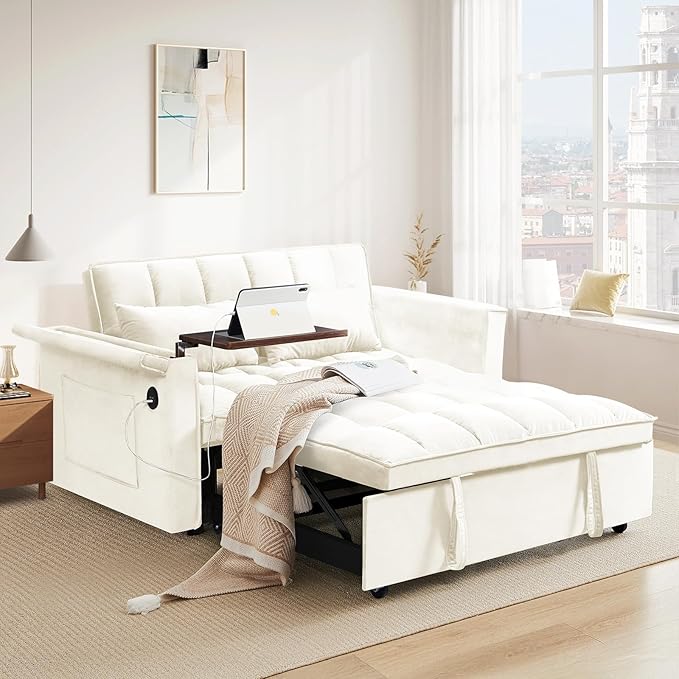 3-in-1 Convertible Pull Out Sofa Bed with USB Charging - Tufted Velvet Loveseat Sleeper Couch
