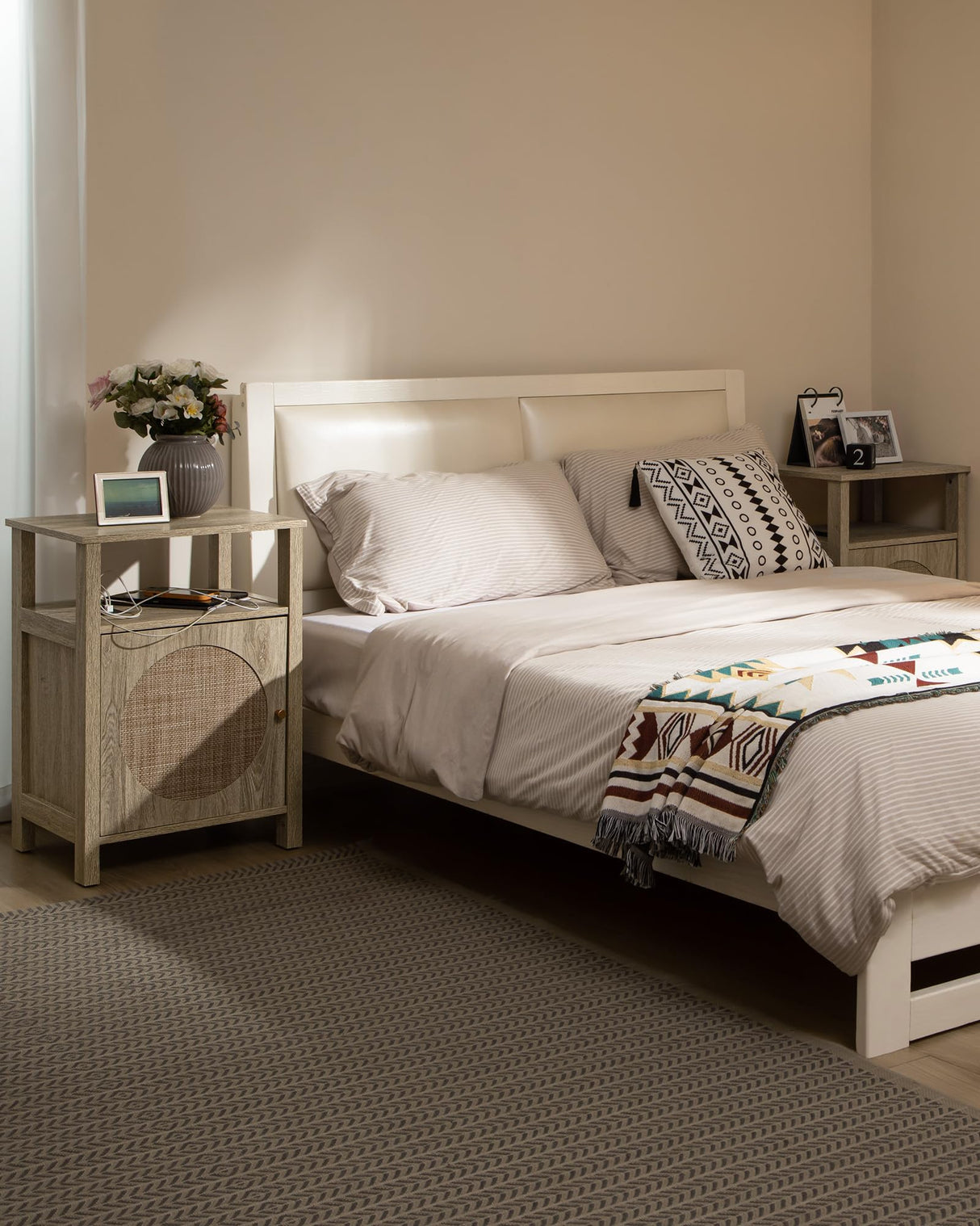 Rattan Nightstand Set of 2, Boho Tall Night Stand