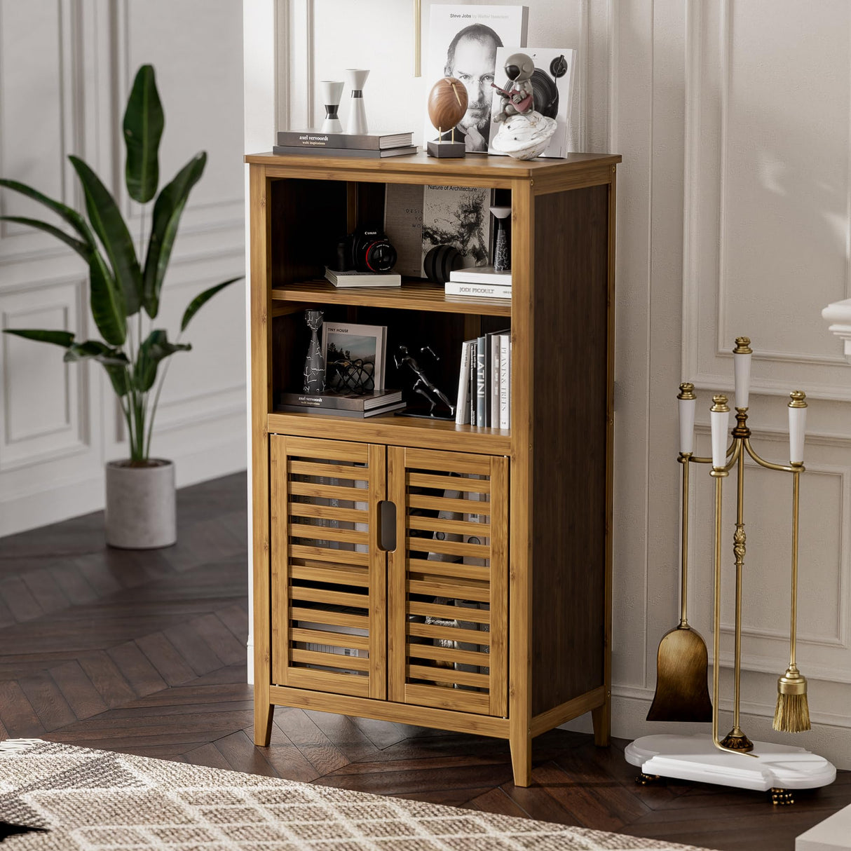 Walnut Bathroom Floor Cabinet, Bamboo Side Tall Storage Organizer