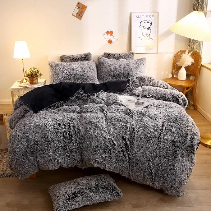 Plush Shaggy Duvet Cover Set, Luxury Ultra Soft Crystal Velvet Fluffy Bedding Sets 3 Pieces